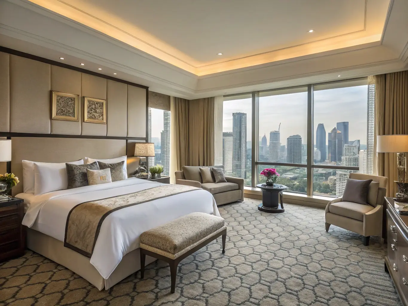 A beautifully appointed hotel suite with a king-size bed, plush linens, and a view of the San Diego skyline, representing the luxurious accommodations available to SanDiegoCon attendees.