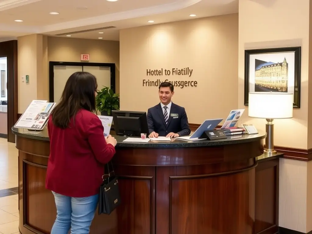 A friendly hotel concierge assisting a SanDiegoCon attendee with directions and recommendations, showcasing the exceptional service provided.